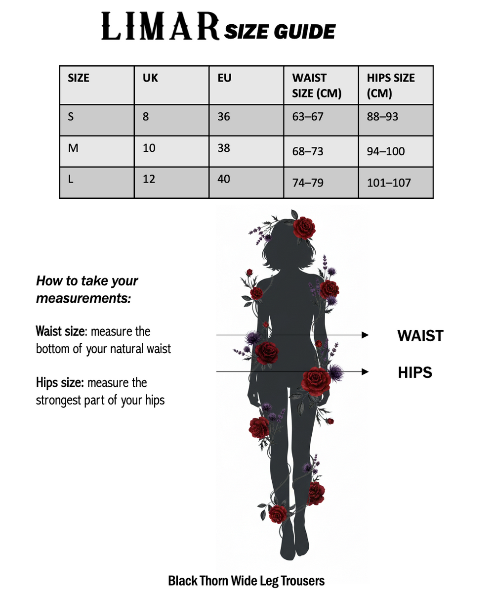 Size guide for Black Thorn Wide-Leg Trousers