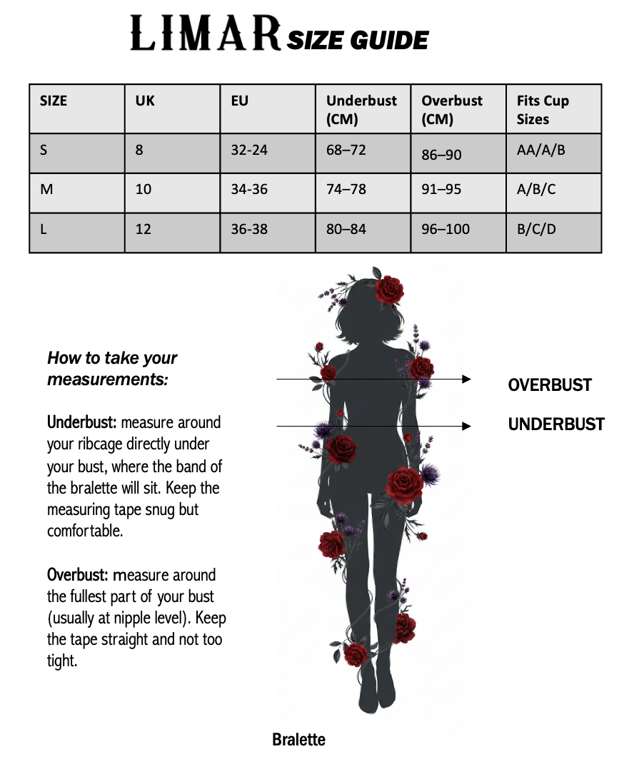 Size guide for Wild Garden Bralette