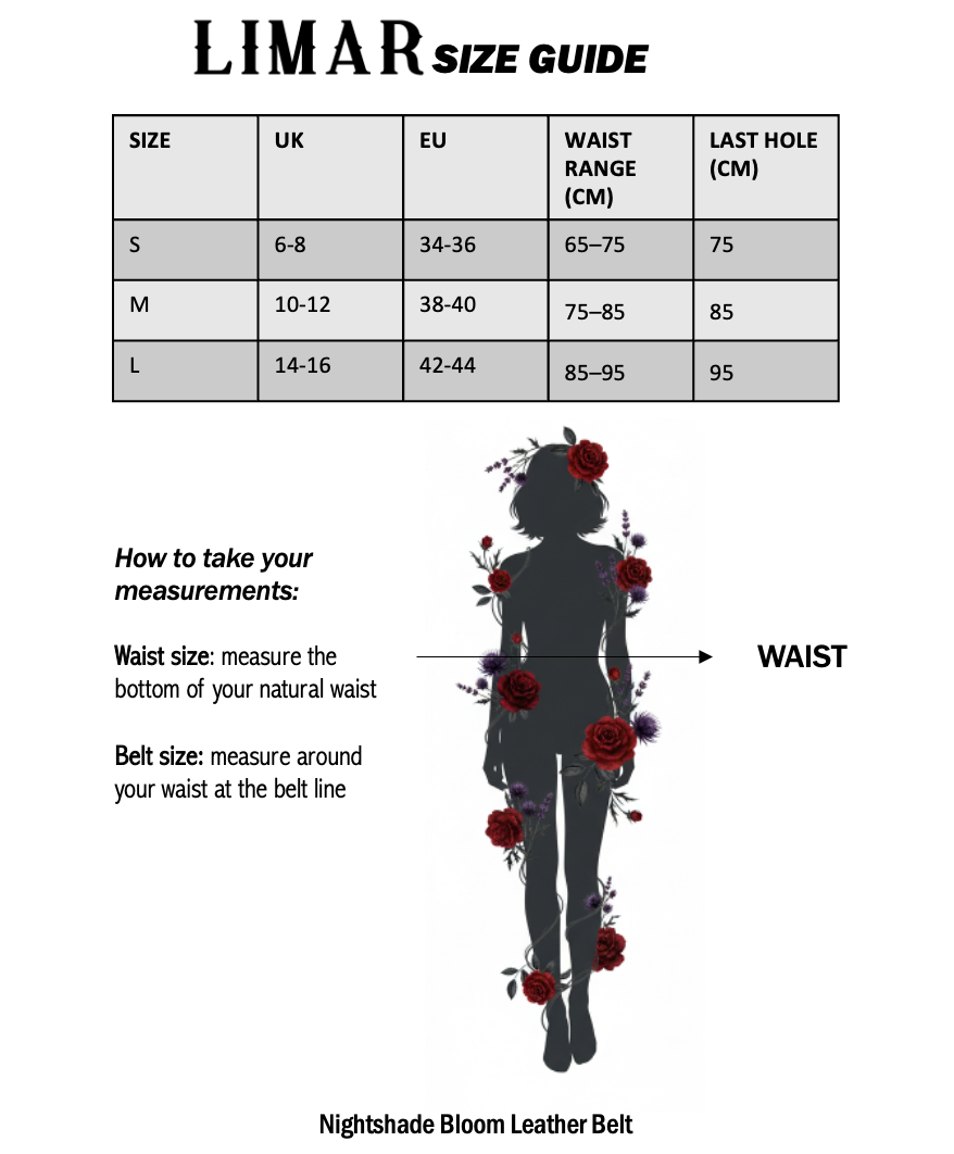 Size guide for Nightshade Bloom Leather Belt with Silver Buckle
