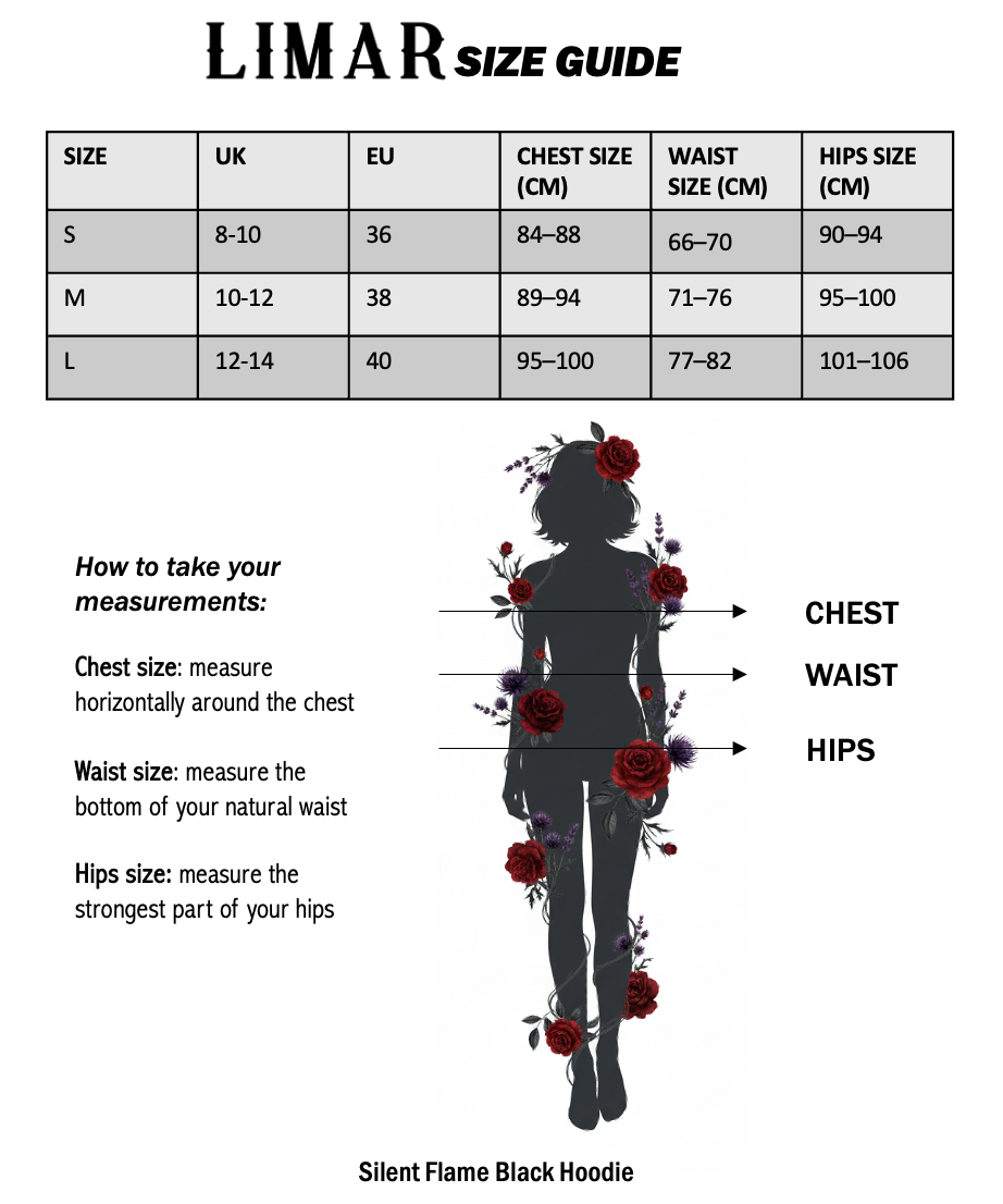 Size guide for Silent Flame Black Hoodie