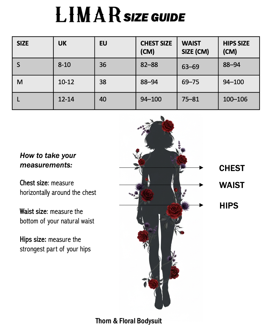 Size guide for Thorn & Floral Bodysuit
